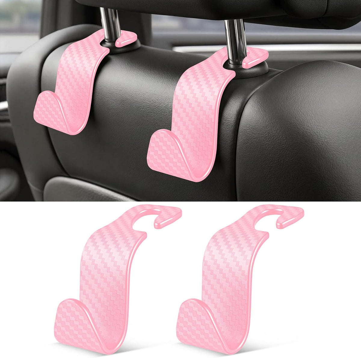 SINGARO Universal 4 Pack Car Seat Headrest Purse Hook, Carbon Fiber Back Seat Hook Storage Organizer Hanger for Purse Handbag Coat, Car Interior Accessories(Black)