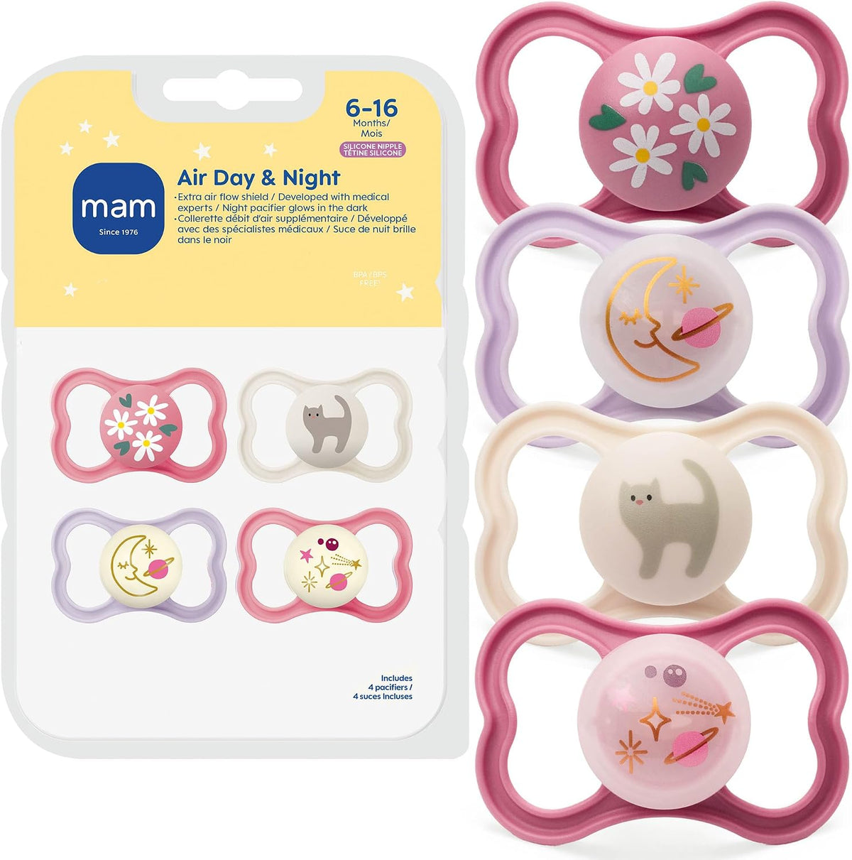 MAM Air Pacifier 6-16 Months, Extra Air Flow for Sensitive Skin, 4 Pack