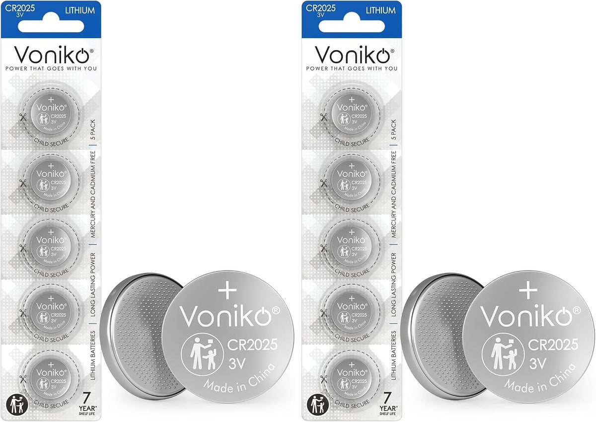 Voniko CR2025 3V Lithium Batteries 5 Pack for Child Safety, Compatible with Remotes, Key Fobs, Watches, Calculators - 7 Years Shelf Life