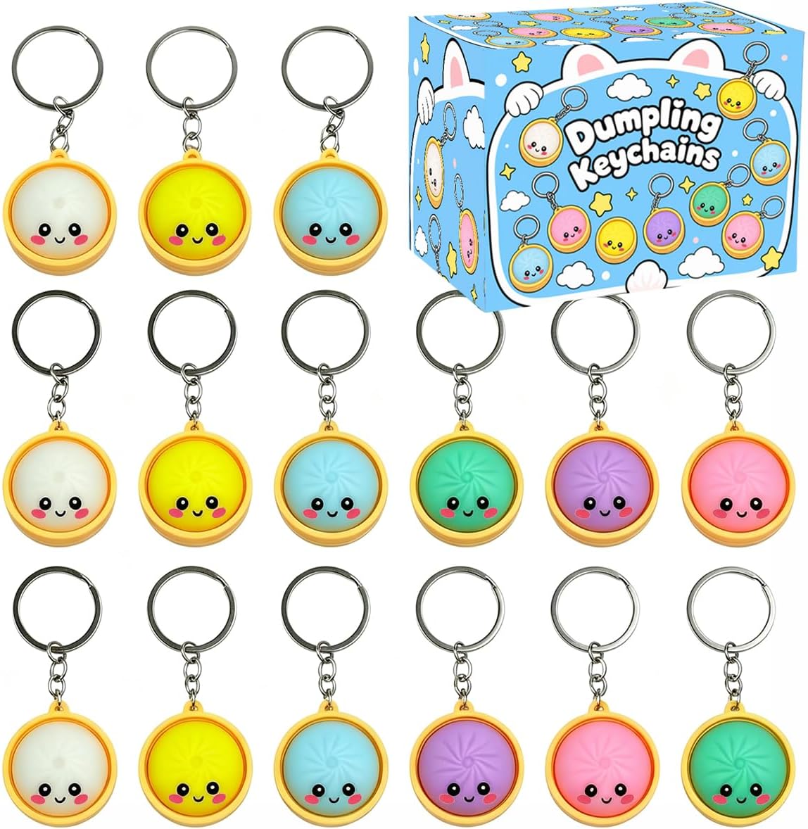 24Pcs Cute Dumpling Keychains Bulk with Steamer Keyrings Ornaments Bag Charms Pendants for Prizes Party Favor Gift (Colorful Keychains)