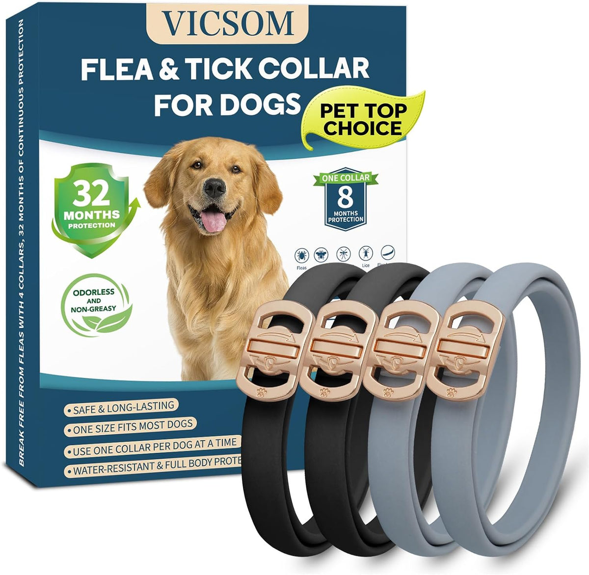 VICSOM Flea Collar for Dogs, Flea and Tick Prevention for Dogs, 4 Pack | 32 Months Flea and Tick Treatmen For Puppies And Small, Medium, Large Dogs, Waterproof Adjustable Collars, Unscented, Black