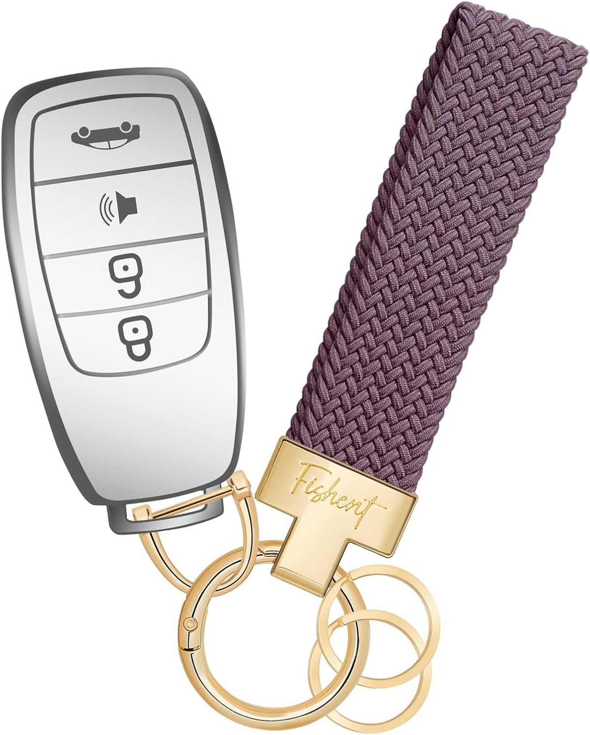 Fishent Stretchy Car Keychain, Nylon Braided Cool Key Chain for Women Men, Universal Key Fob Holder with 3 Keyrings, Anti-Lost D-Ring, Car Accessories, Starlight