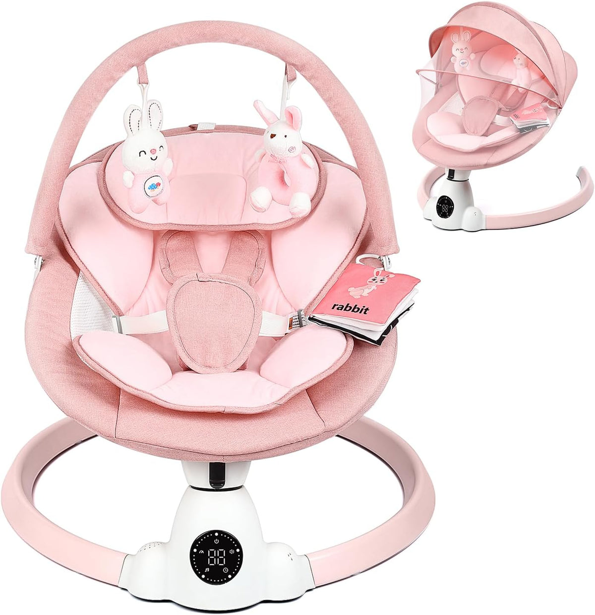 Uuoeebb Baby Swing for Infants, Portable Electric Baby Swings with Bluetooth, 5 Swing Speed, 10 Melodies, 5-Point Harness, Remote Control & Touch Panel - Infant Swing for Indoor & Outdoor Use, Pink