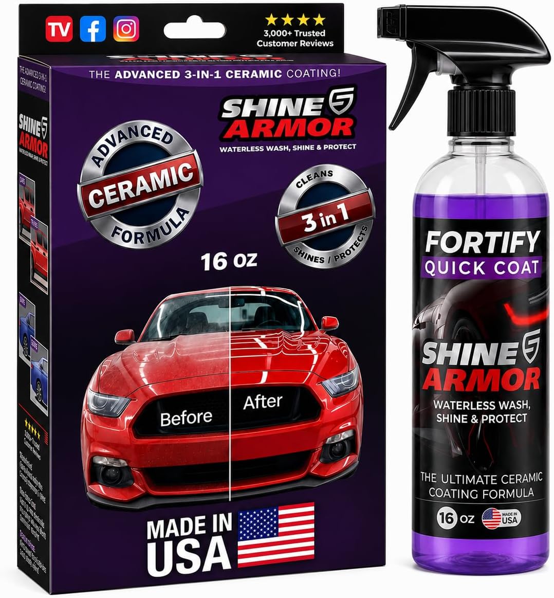 SHINE ARMOR Fortify Quick Coat - 8oz Ceramic Waterless Detailer Spray | 3-in-1 Wash, Wax & Nano-Ceramic Coating | Mirror Shine, Zero Streaks, No Dust Residue | 6-12 Month Protection | Made in USA