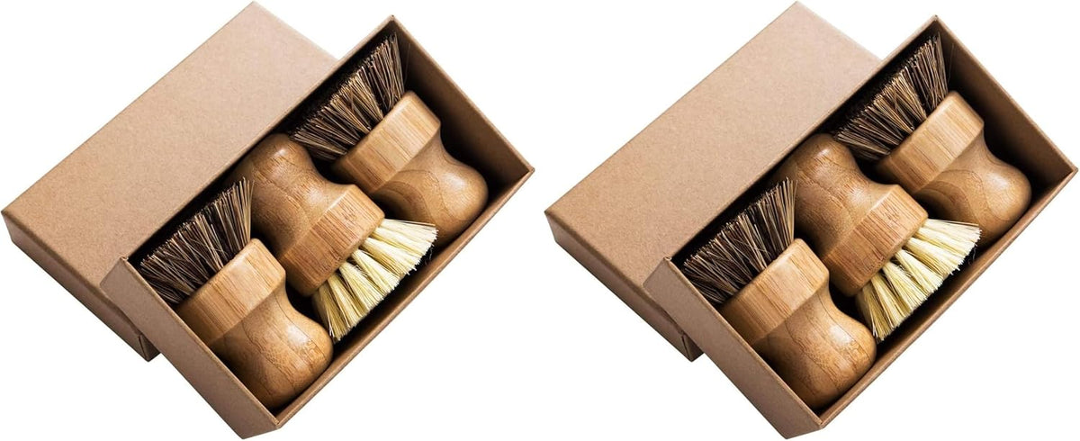 Palm Pot Brush- Bamboo Round 3 Packs Mini Dish Brush Natural Scrub Brush Durable Scrubber Cleaning Kit with Union Fiber and Tampico Fiber for Cleaning Pots, Pans and Vegetables