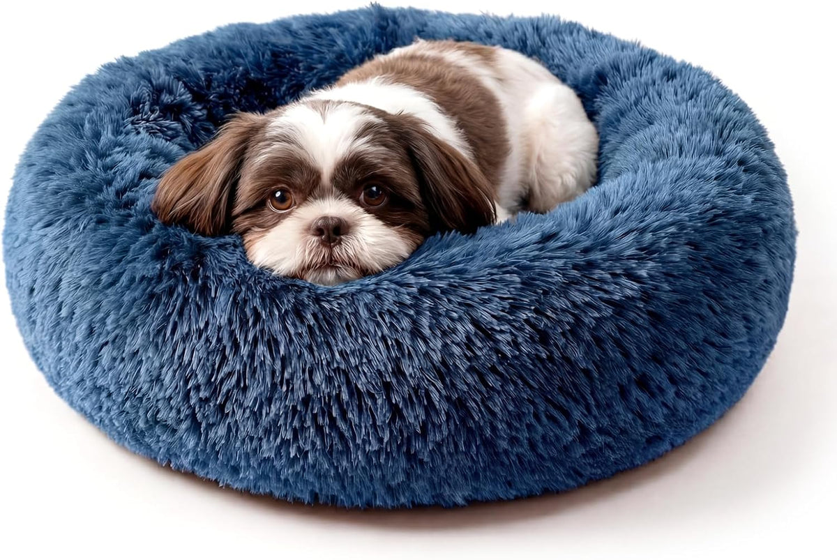 Small Calming Dogs Bed for Small Dogs Anti-Anxiety Machine Washable Fluffy Luxury Anti-Slip Waterproof Mute Base Warming Cozy Soft Pet Puppy Round Bed