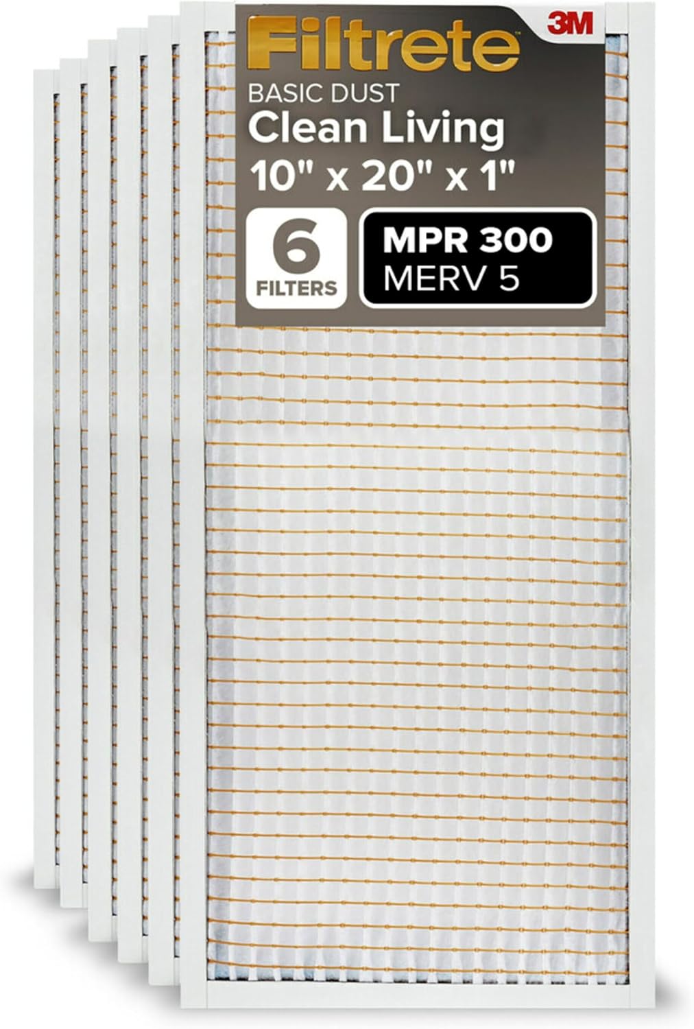Filtrete 16x25x1 Air Filter MERV 5, 6-Pack AC Furnace HVAC, MPR 300 Basic Dust Defense, Pleated Electrostatic, Removes Lint