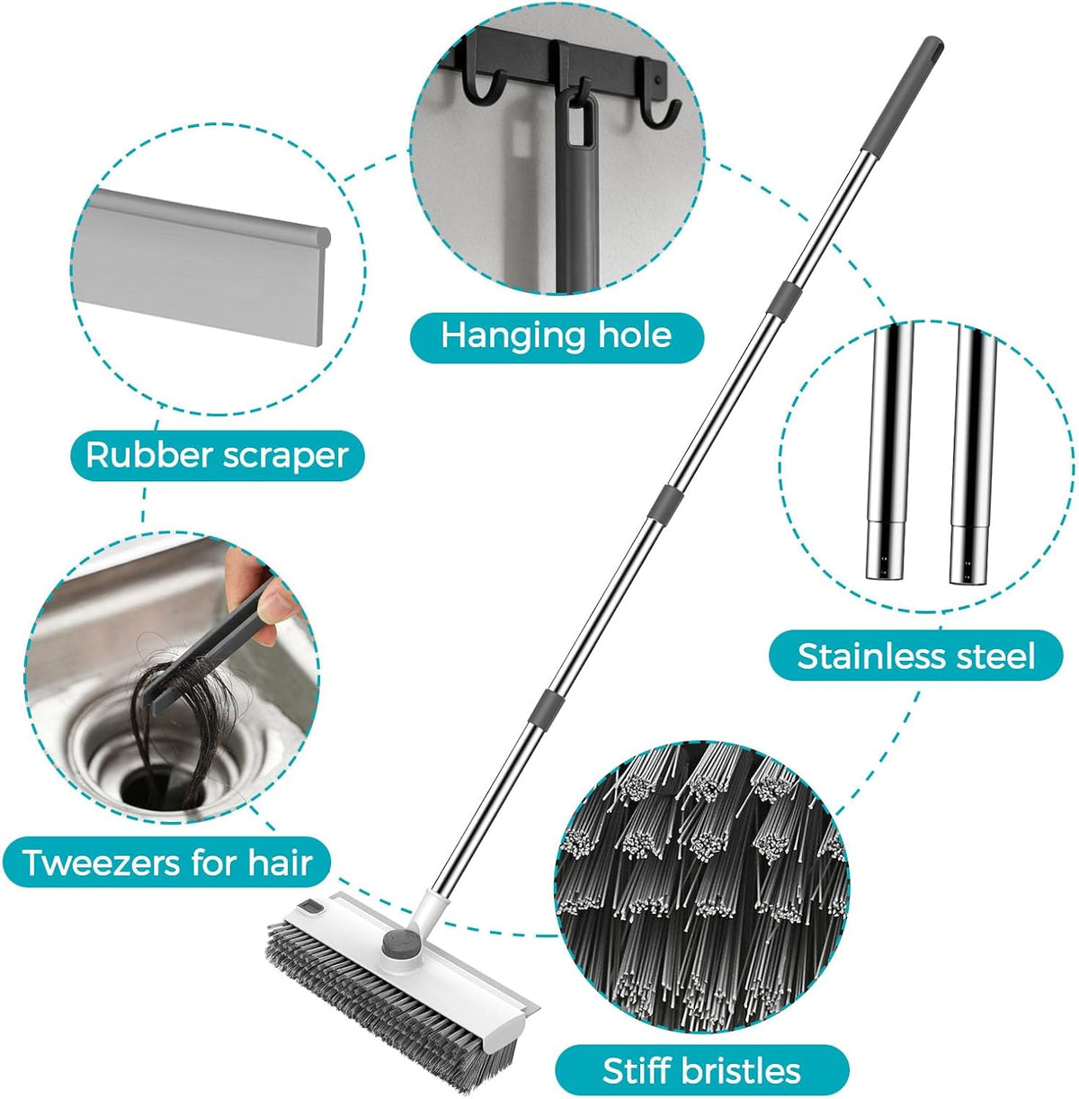 SetSail Floor Scrub Brush with 54in Adjustable Long Handle, Grey&White