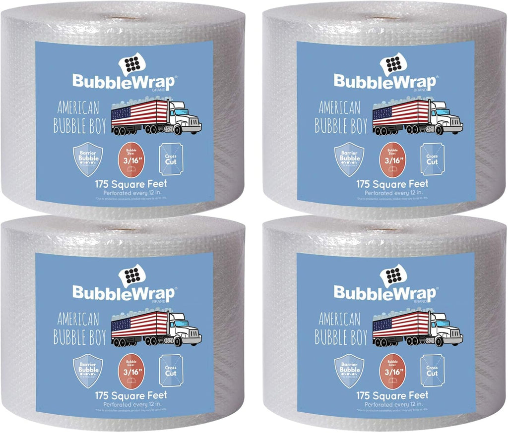 4 large rolls of Bubble Wrap total 700 feet, small bubbles 3/16 cushioning, 700 ft, heavy duty, perforated Every 12" Made in the USA by American Bubble Boy, bulk packaging wrap for moving and shipping
