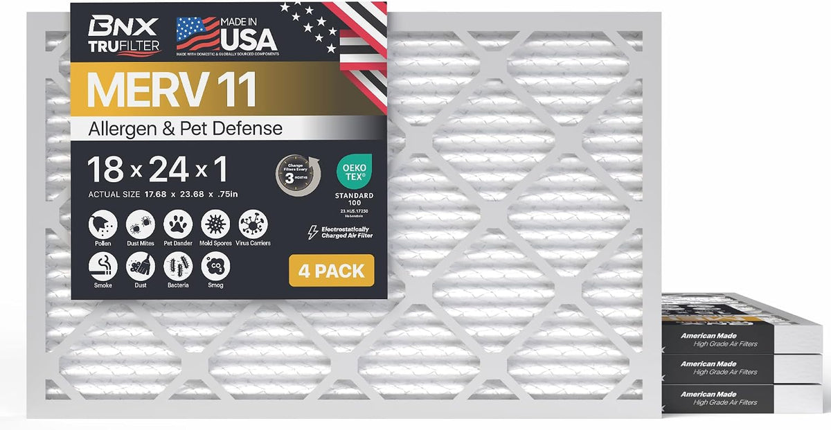 BNX TruFilter 20x20x1 Air Filter MERV 11 (6-Pack) - MADE IN USA - Allergen Defense Electrostatic Pleated Air Conditioner HVAC AC Furnace Filters for Allergies, Dust, Pet, Smoke, Allergy MPR 1200 FPR 7