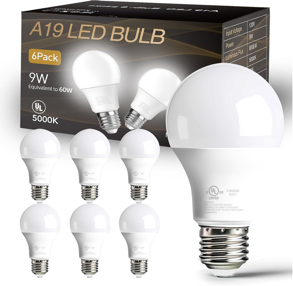 dalattin 24 Pack LED Bulbs Daylight White 5000K, 60 Watt Equivalent A19 Standard Bulbs, E26 Base, 800 LM, Efficient 9W Energy Saving, Non-Dimmable, 80+ CRI, 120V, UL Listed, for Living Room, Office
