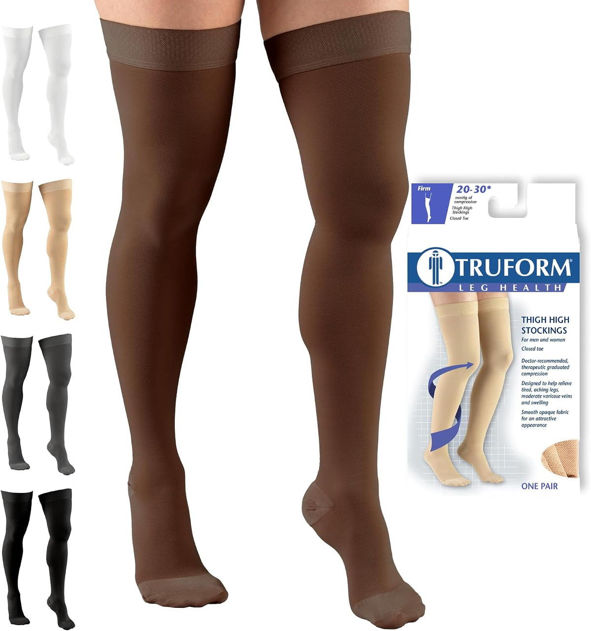 Truform 20-30 mmHg Compression Stockings for Men and Women, Thigh High Length, Dot Top, Closed Toe, Black, Medium
