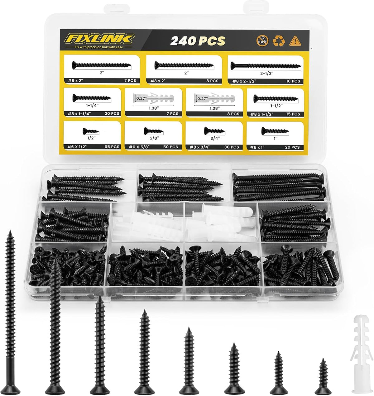 240PCS Wood Screws Assortment Kit, FIXLINK E-Coated Flat Head Screws Set