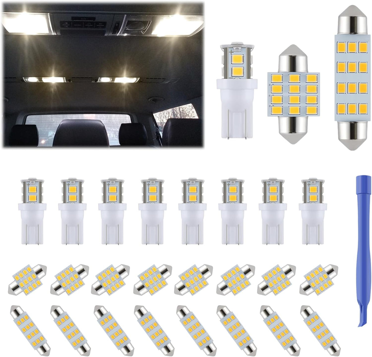 iFunyLED 24 Pieces Dome Light LED Car Interior Bulb Kit Set 194 T10 DE3175 578 31mm 42mm Bulbs Interior Replacement Lights for Car Map License Plate Door Side Marker Cornering Trunk Light - White