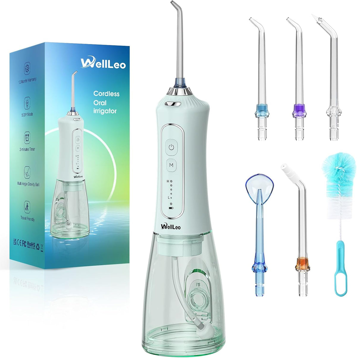 WellLeo Water Flossers for Teeth, 300ML Cordless Oral Irrigator Rechargeable Dental Flosser Picks with 5 Modes 5 Jet Tips,IPX7 Waterproof Teeth Cleaner for Braces Gum Care, Home Travel Use