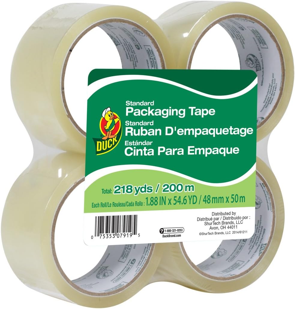 Duck Brand Standard Packaging Tape Refills - 4 Extra Long Rolls of Clear Packing Tape - Shipping, Mailing and Moving Supplies - 3" Core - 1.88 Inch x 100 Yards, Clear (240593)