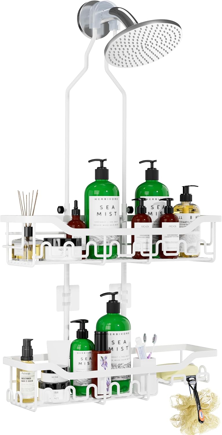 Upgraded Extended Length Shower Organizer with Hooks, Rustproof Shampoo Soap Holder, Large Hanging Bathroom Caddy