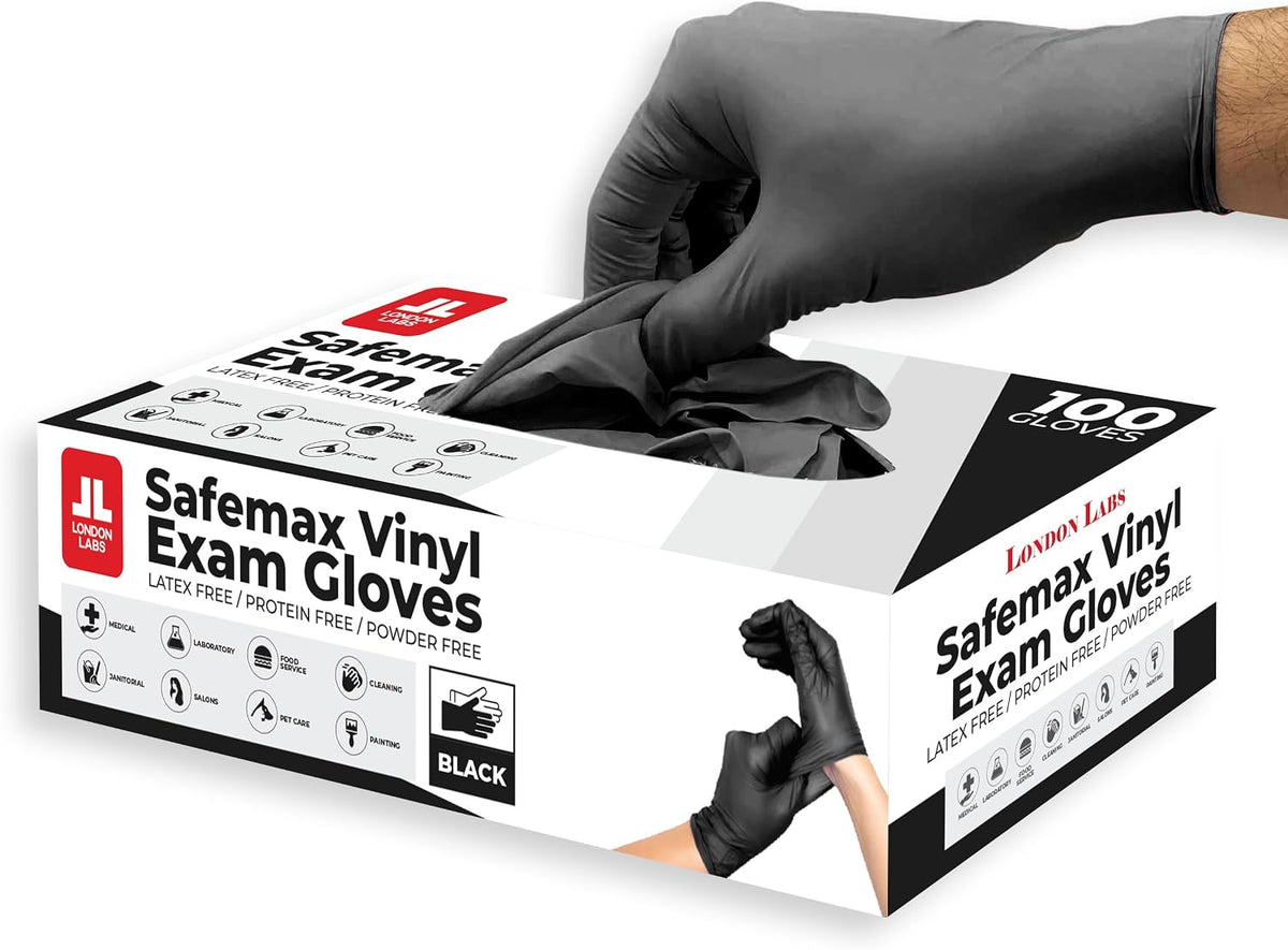 London Labs Black Synthetic Vinyl Exam Gloves Powder Free and Latex Free