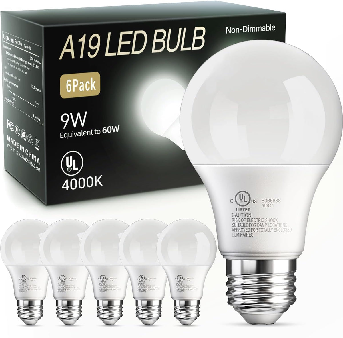 TJOY 6 Pack A19 LED Light Bulbs, Soft Warm White 2700K, 60 Watt Eq,E26 Base