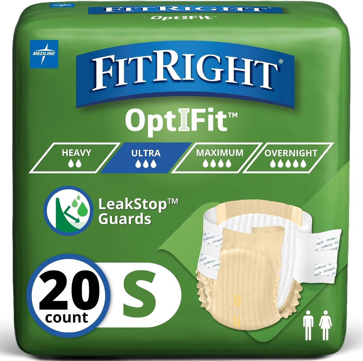 FitRight Adult Diapers, Ultra Heavy Absorbency, L (Waist Size 44in-56in), 20 Count, OptiFit Incontinence Briefs for Men and Women, Disposable, Moisture-Wicking, Leak Protection,