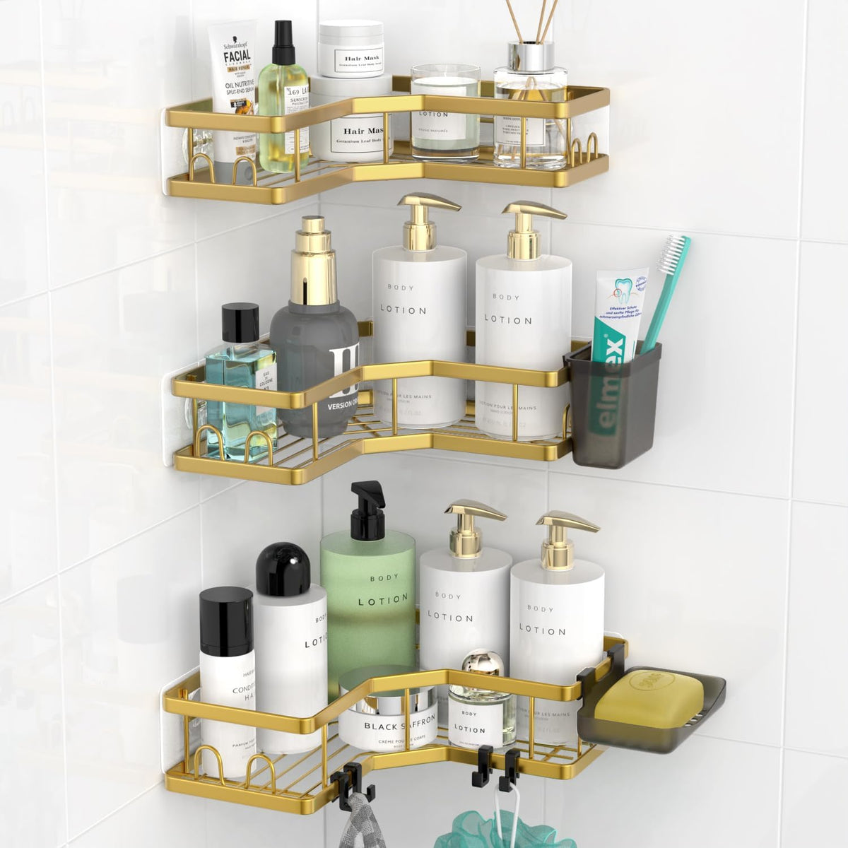AKTECKE Corner Shower Caddy, 2 Pack Adhesive Shower Corner Organizer Shelves, No Drilling Stainless Steel Shower Storage Rack with Hooks&Toothpaste Holder for Bathroom Kitchen （for 90° Corners Only）