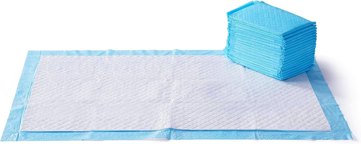Amazon Basics X-Large Heavy Duty Absorbent Puppy Potty Pads, Leak-Proof, Quick-Dry, Super Absorbent Gel Technology for Dog Training, 28 x 34 Inches, Blue & White, Pack of 50