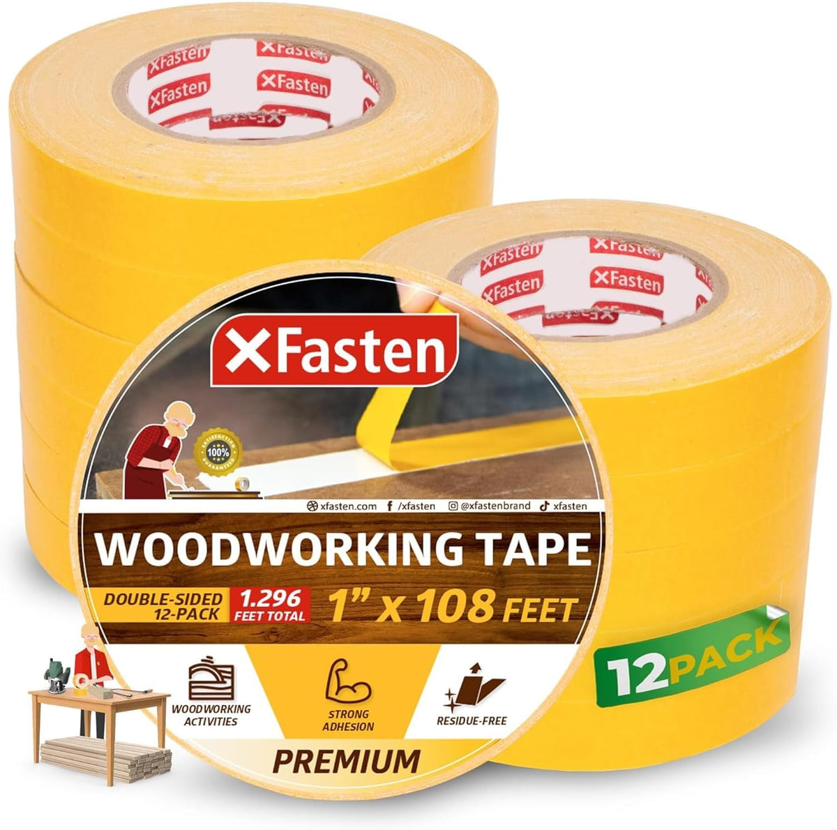 XFasten Double Sided Woodworking Tape 1 Inch x 108 Feet (3-Pack), Residue-Free, Removable Double Sided Woodworking Masking Tape for Wood Template, Mounting Boards MDF Edge Banding, Routing, Anchoring