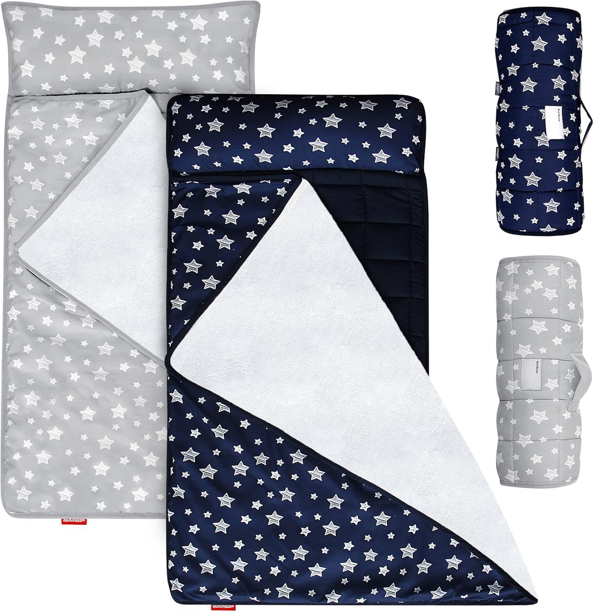 Moonsea Toddler Nap Mat with Pillow and Fleece Minky Blanket Grey
