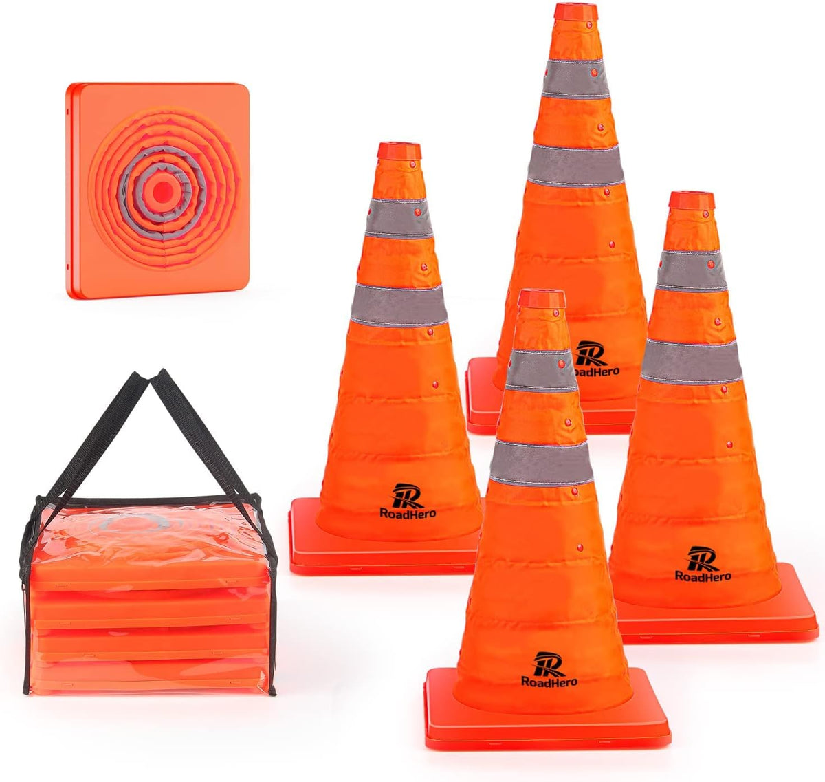 RoadHero 28 Inch 4 Pack Collapsible Traffic Safety Cones with Bag, Orange