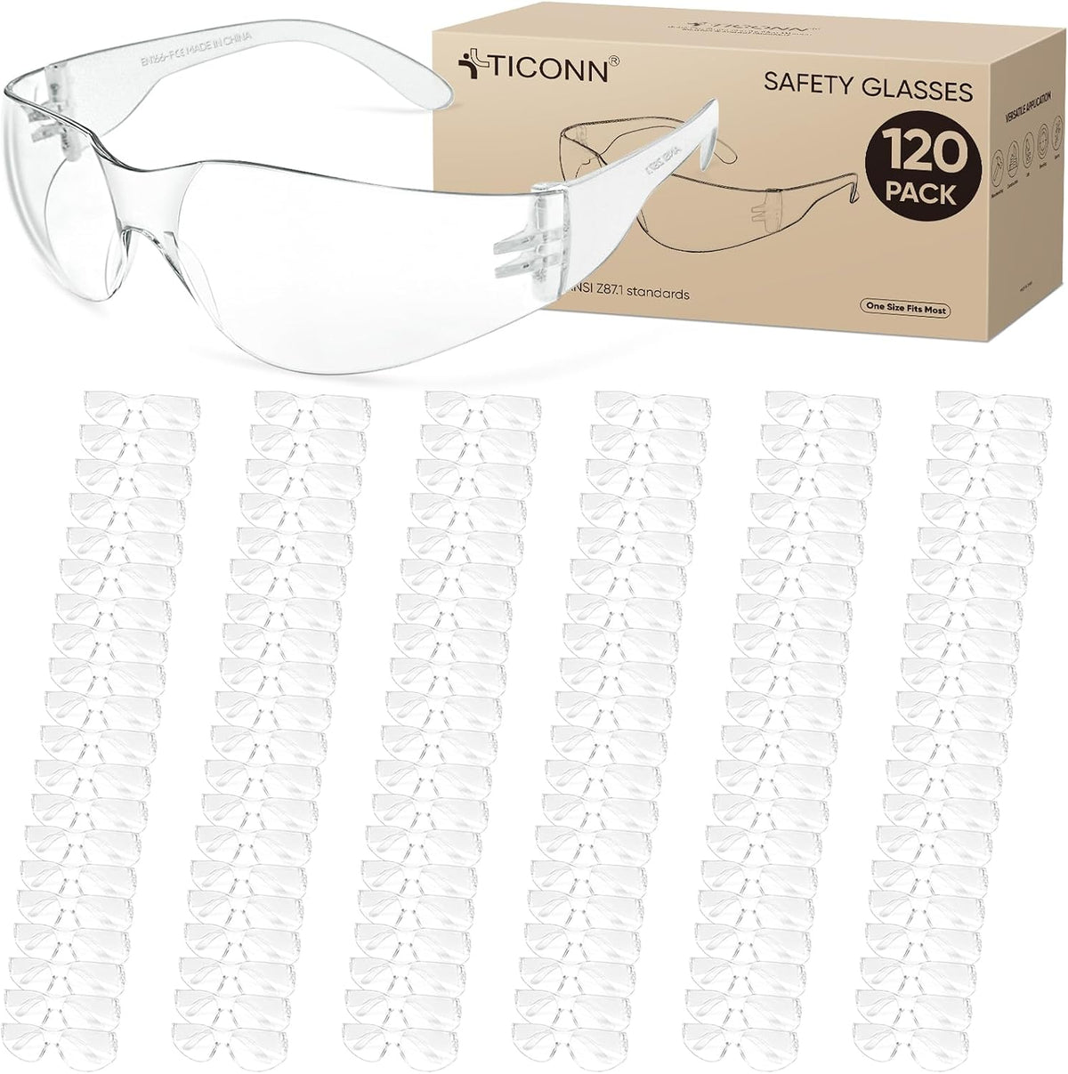 TICONN Clear Safety Glasses for Men & Women, ANSI Z87.1 Safety Goggles