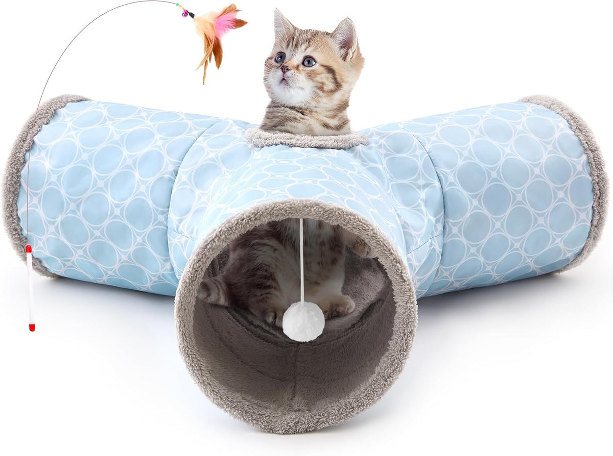Tempcore Cat Tunnel, 3-Way Collapsible Toy for Indoor Cats, Black & Blue