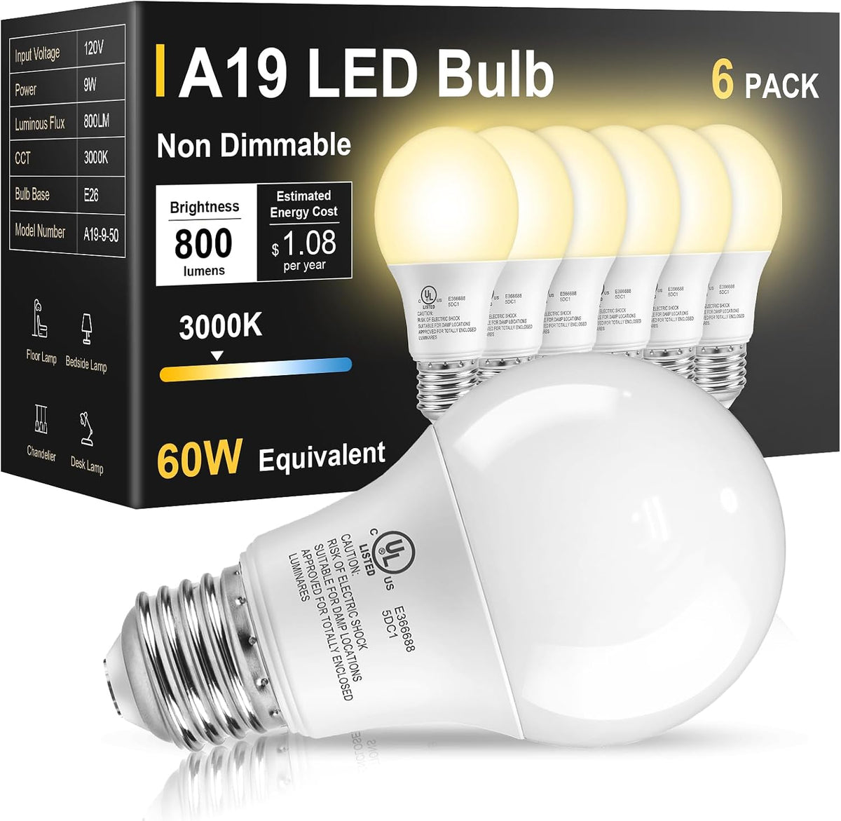 TJOY 6 Pack LED Light Bulbs 60 Watt Equivalent, Daylight White 5000K A19