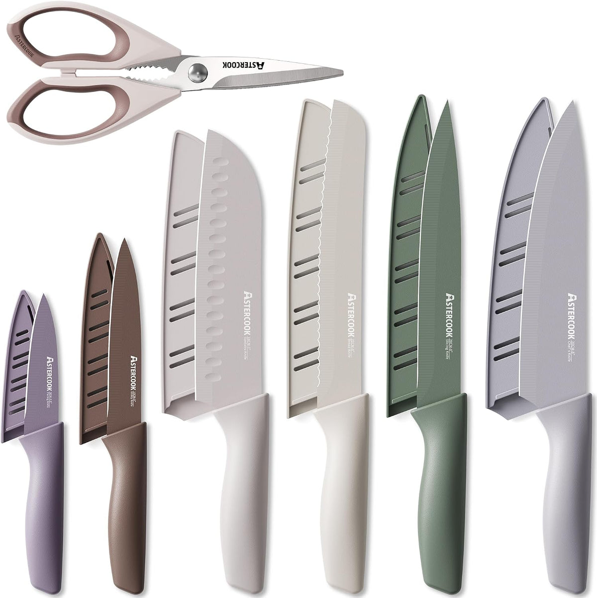Astercook Knife Set, 13 Pieces Kitchen Knives Set with Healthy Anti-Rust Coating, Dishwasher Safe, Stainless Steel Chef Knife Sets with 6 Blade Guards, Perfect Holiday Gifts for Kitchen