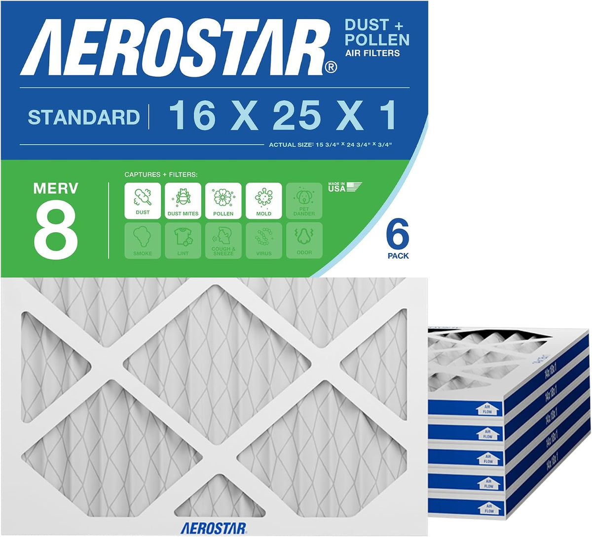 Aerostar Air Filter 16x25x1 MERV 8 AC Filter, HVAC, Furnace Filter, 6 Pack