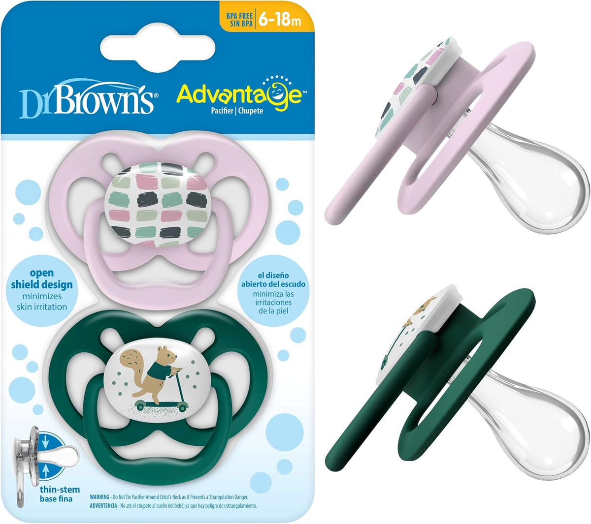Dr. Brown's Advantage Glow-in-the-Dark Baby Pacifier, Fully Symmetrical Soother with Soft Silicone Bulb, Skateboard Snail-Blue Nature, 6-18m, BPA Free, 4 Pack