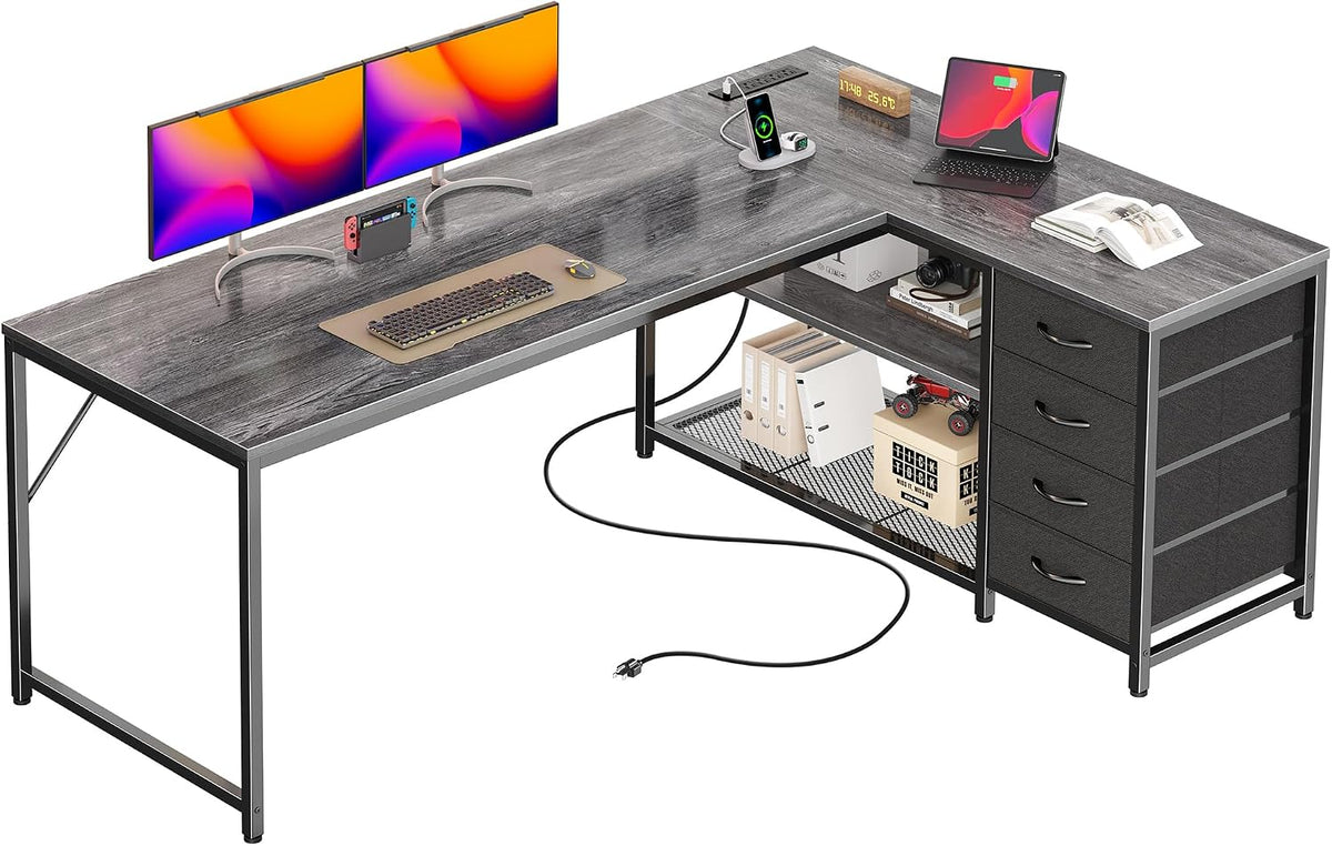 PRAISUN 61" L Shaped Desk with Power Outlets & 4 Drawers