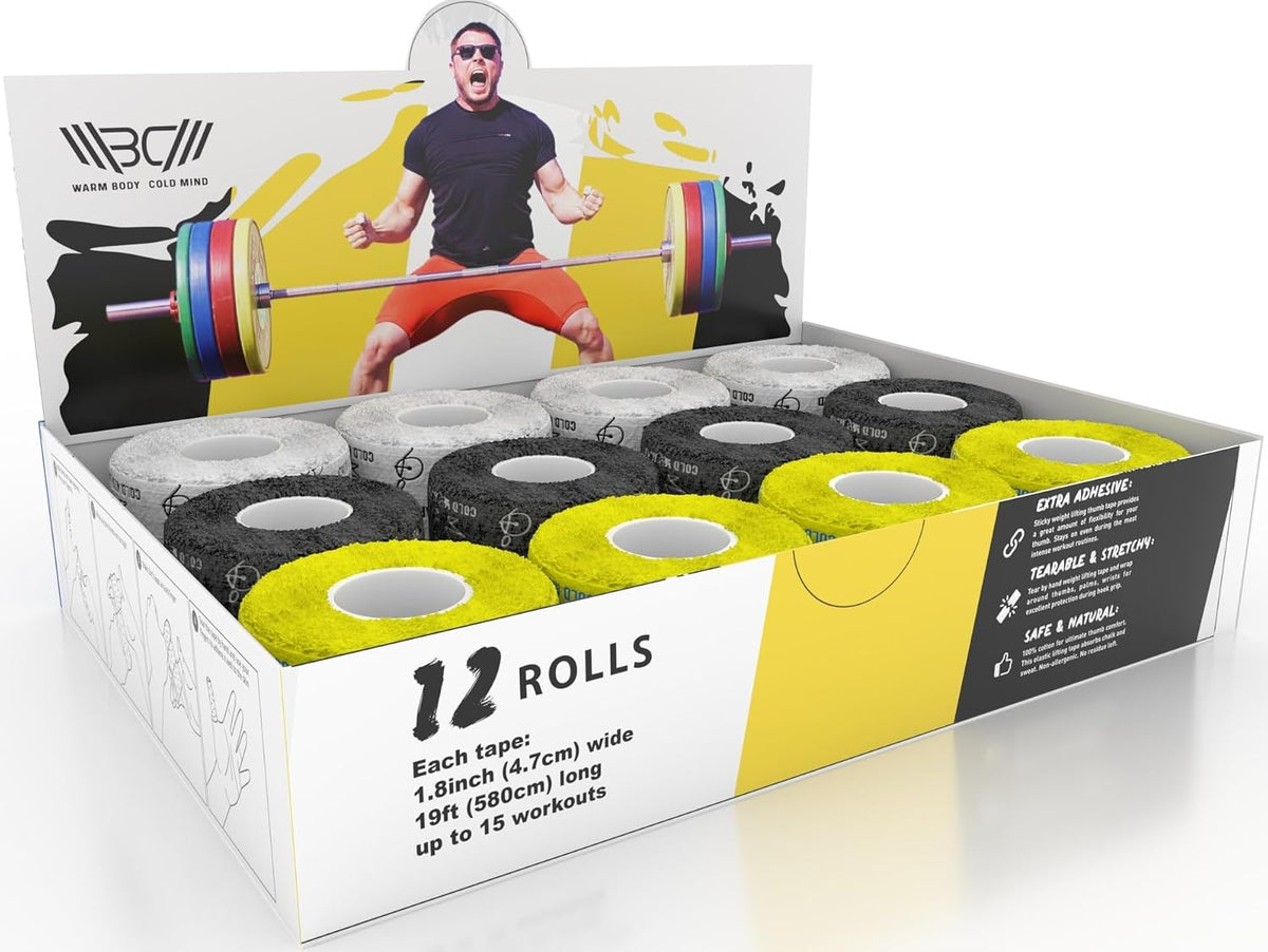 WARM BODY COLD MIND 1.85" Weightlifting Thumb Tape - Hook Grip Tape for Powerlifting, Cross Training, Gym Tape, Workout, Weight Lifting Tape, Athletic Finger Wrap (Mix V1 3 Rolls)