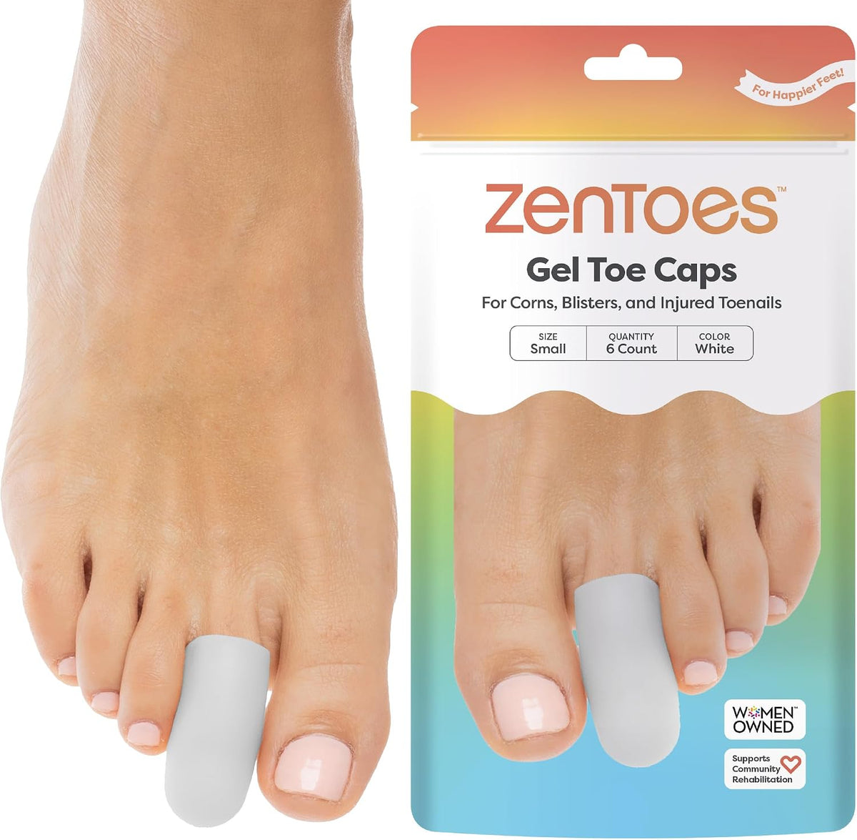 ZenToes Gel Toe Caps, Silicone Toe Protectors, 6-Pack (Large, Beige)