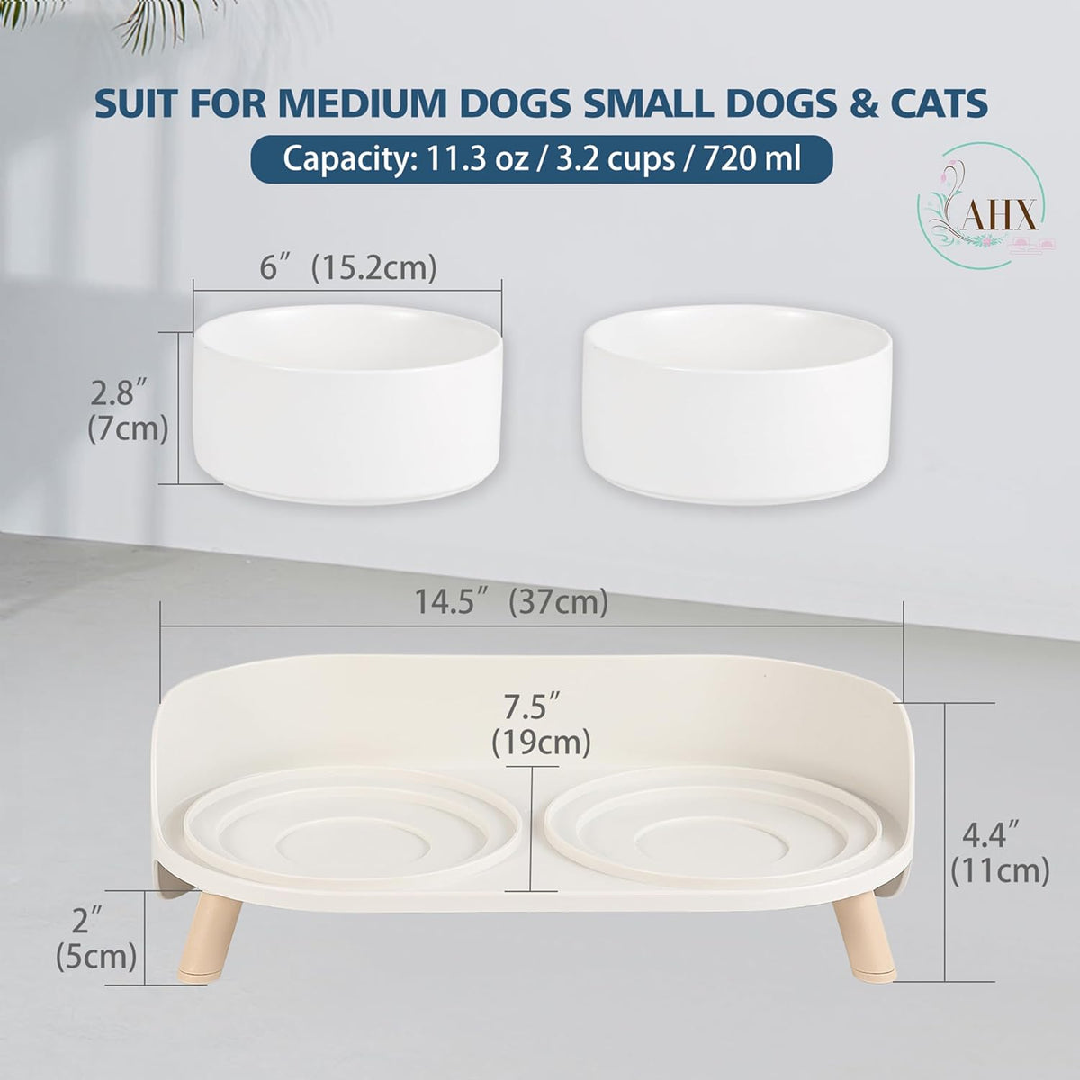 Elevated Ceramic Dog Bowl Set - Double Dog Feeding Bowls with Stand Splash Proof - Raised Dishes for Food and Water - Ideal for Small to Medium Dogs - 2 x 720 ml - 11.3 oz - White