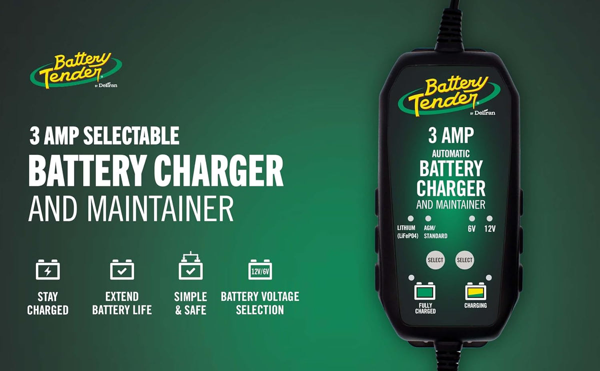 Battery Tender 3 AMP Battery Charger and Maintainer - Automotive Switchable 12V or 6V Smart Automatic for Cars SUVs and Trucks - Lead Acid, AGM, Gel, & Lithium Battery Charger - 022-0202-COS