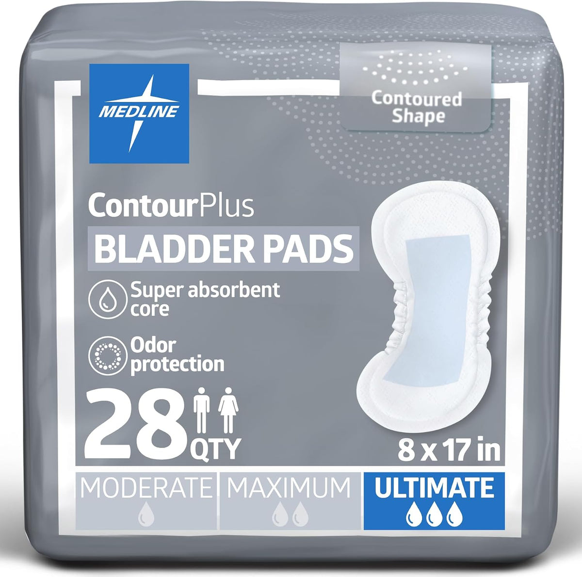 Medline ContourPlus Bladder Control Incontinence Pads, Moderate Absorbency, 5.5" x 10.5", 28 Count