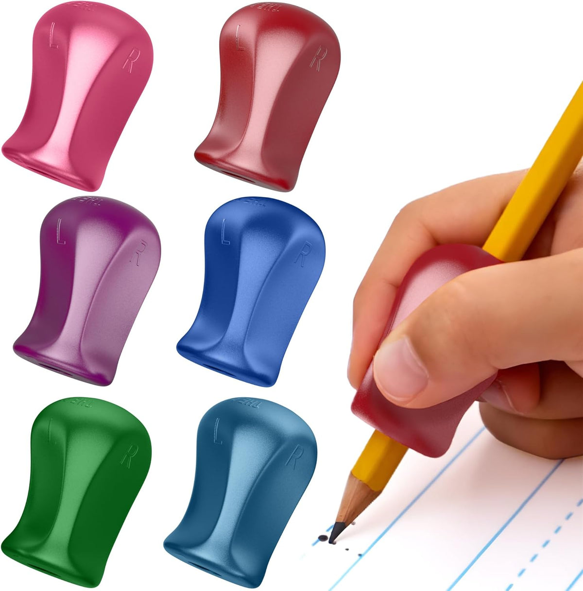 The Pencil Grip Original Pencil Grippers 6 Pcs, Improves Kids Handwriting, Ergonomic Pen Holder for Righties & Lefties, Ideal for Kids, Toddlers, Adults, Writing Tool with Finger Cushion
