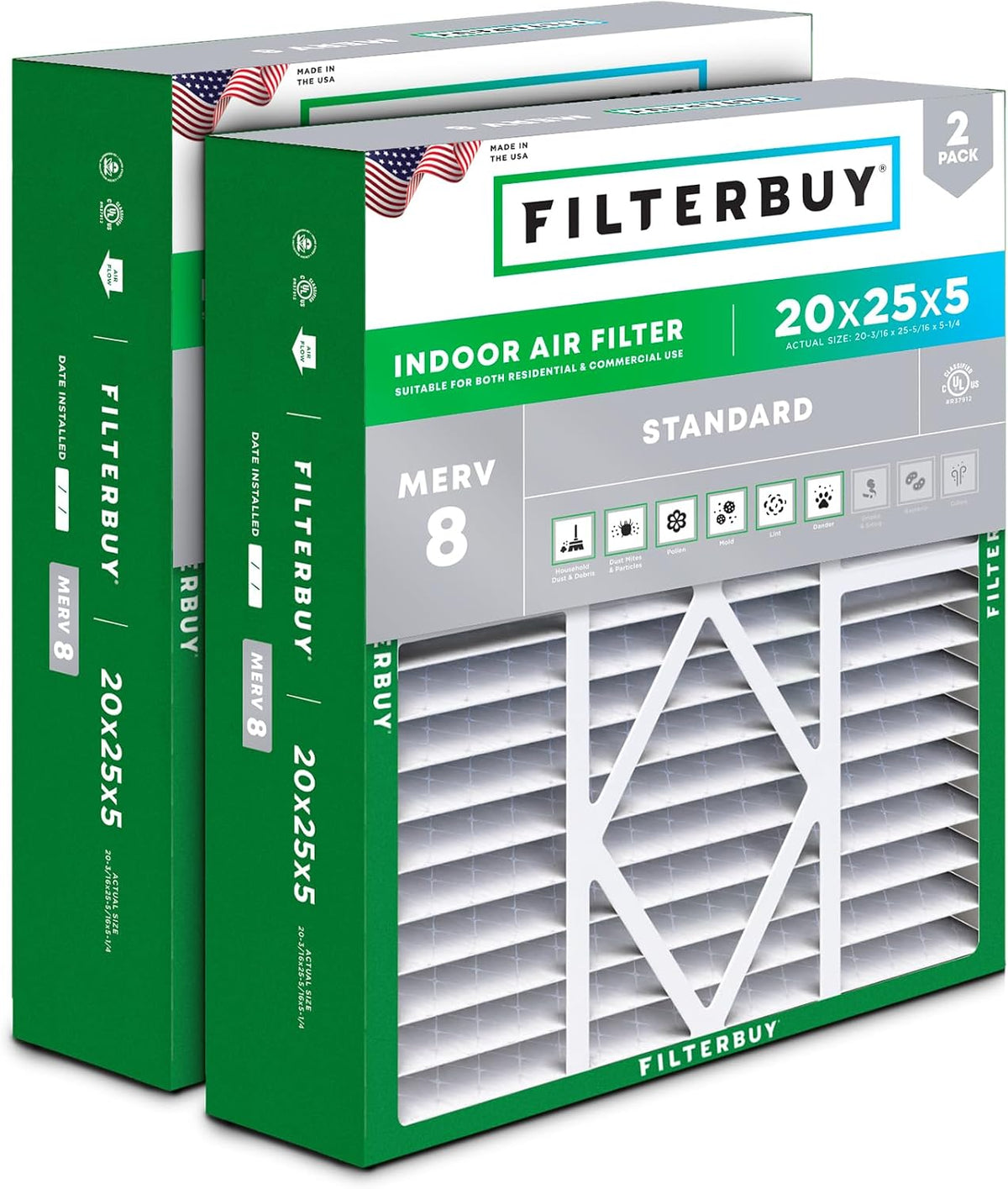 Filterbuy 20x25x5 Air Filter MERV 8 Dust & Allergy Defense (2-Pack)