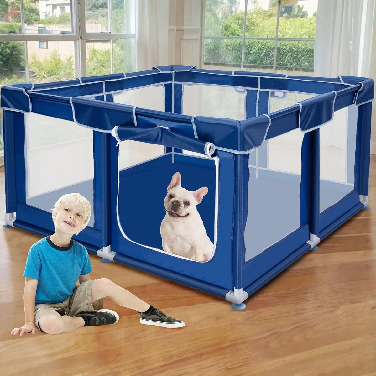 XVISHX 42x42 Inches Puppy Playpen with Gate, Dog Playpen for Puppies or Small Dogs, DogFence Pet Playpen for Indoor & Outdoor, Sturdy Safety DogPen with Thickened Fabric, High-Strength Nylon Wire Mesh