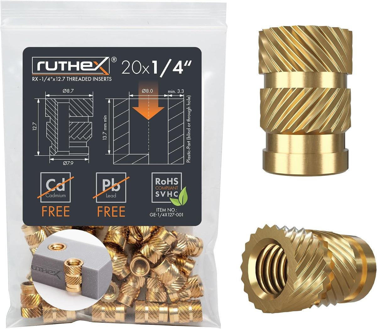 ruthex M3 Threaded Inserts - 100 Pieces RX-M3x5.7 Brass Heat Set Insert for Plastic Parts - Metric knurled Nuts - Insert by Heat into 3D Printing Components