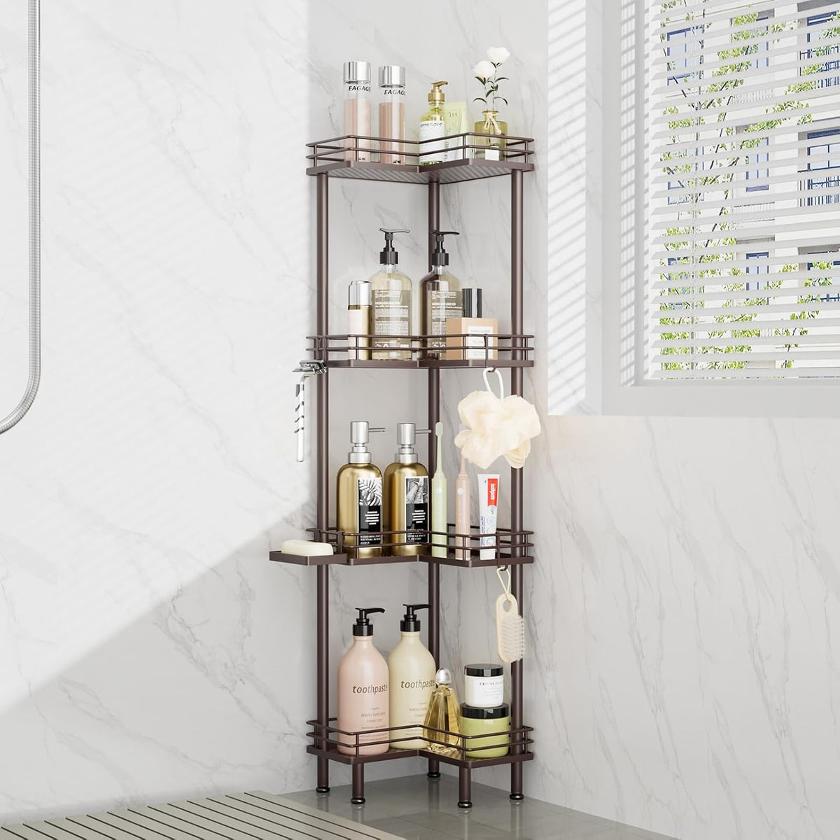 Consumest Corner Shower Caddy Standing - 3-Tier Stainless Steel Shower Organizer with Soap Holder and 4 Hooks, Large Capacity Corner Shelf Stand for Bathroom, Rest Room, Black