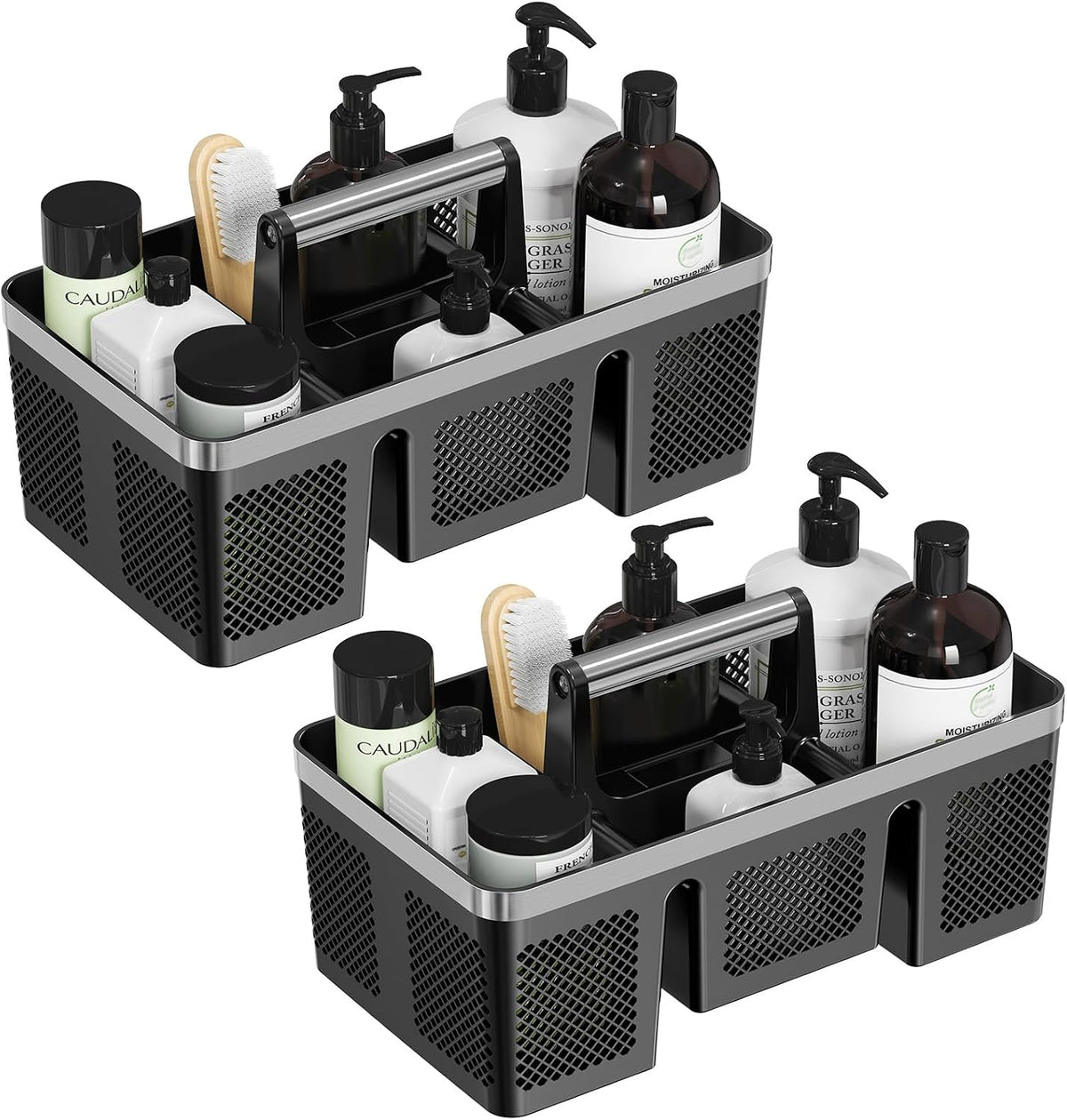 BYUNER Plastic Shower Caddy Dorm: Portable Cleaning & Shower Caddy with Handle, 4 Divided Compartments, All-Side Drainage, Rigid Plastic Basket Tote for College Dorm & Bathroom Use, Black/Silver