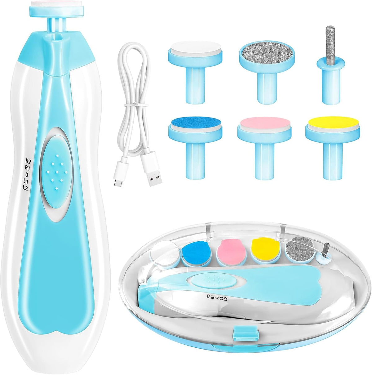 Qunlions life Electric Nail File Drill for Baby No Sharp Claws Hurt, 6 in 1 Safety Cutter Trimmer Clipper for Toes and Fingers (Blue)