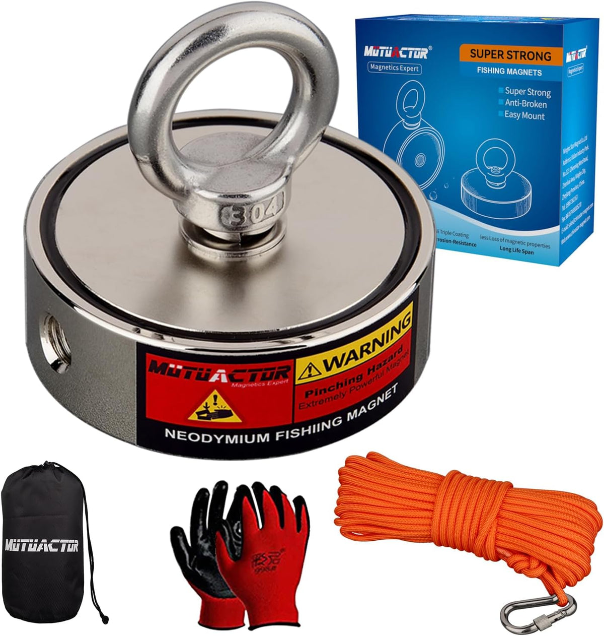 MUTUACTOR Magnet Fishing Kit,Φ2.36''Heavy Duty Neodymium N52 Magnet with 20m(64 Foot) Durable Rope,500lbs Pulling Force Permanent Strong Rare Earth Magnets for Lifting Objects Hunting Lost Treasures
