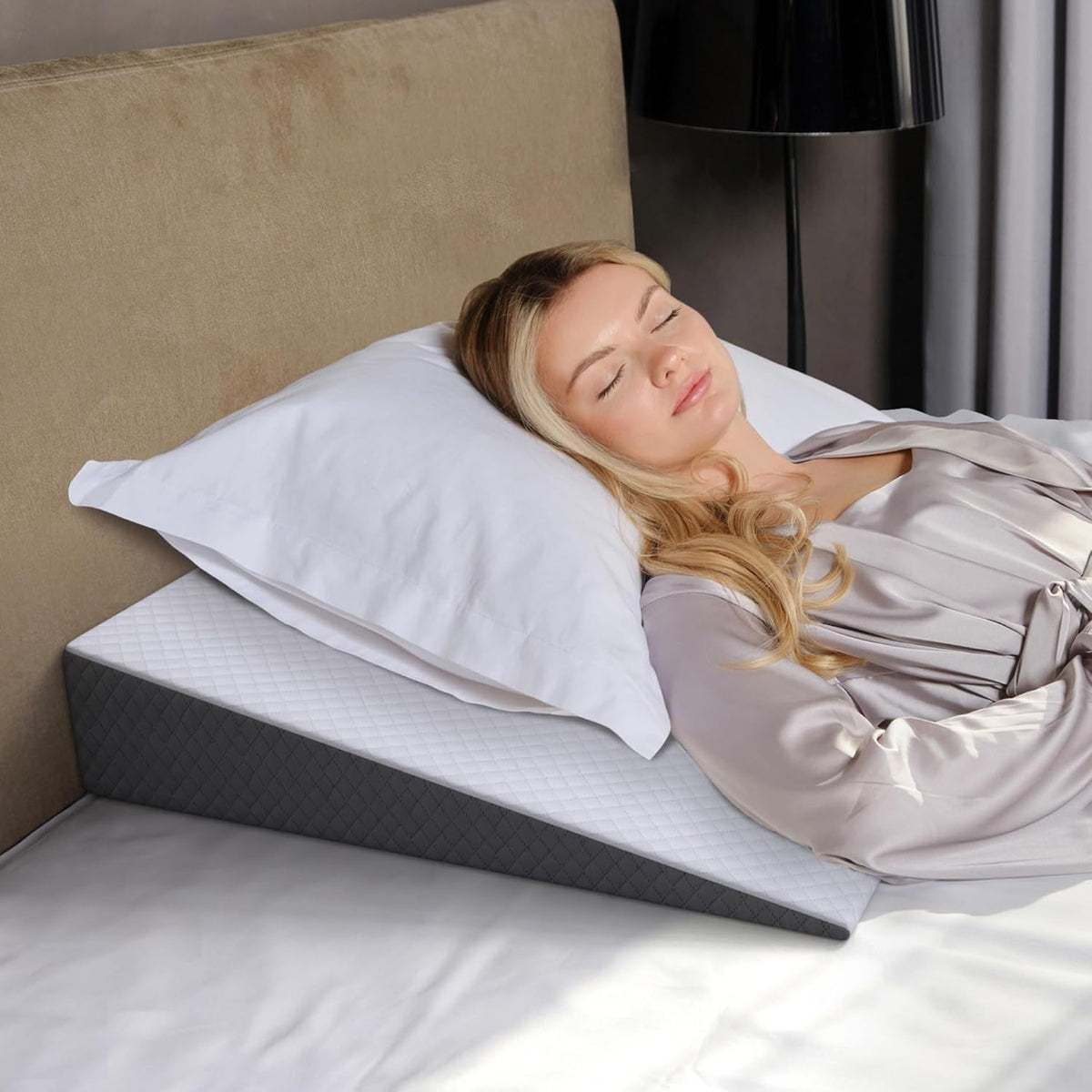 Kolbs Bed Wedge Pillow for Sleep Apnea, FSA Eligible Acid Reflux, and Back Pain Relief, with Chic Jacquard Cover - Headboard Wedges for Sleeping (Standard Width 7.5" Height)